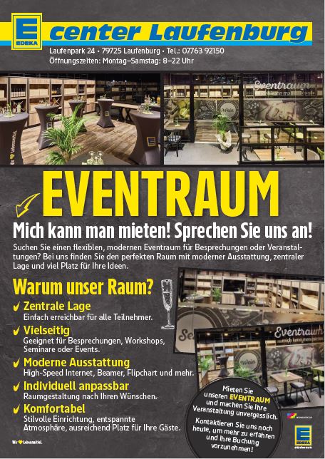 Werbeplakat vom E center Laufenburg für einen mietbaren Eventraum mit Bildern des Raums. Text hebt Vorteile wie zentrale Lage, moderne Ausstattung und flexible Nutzung hervor.