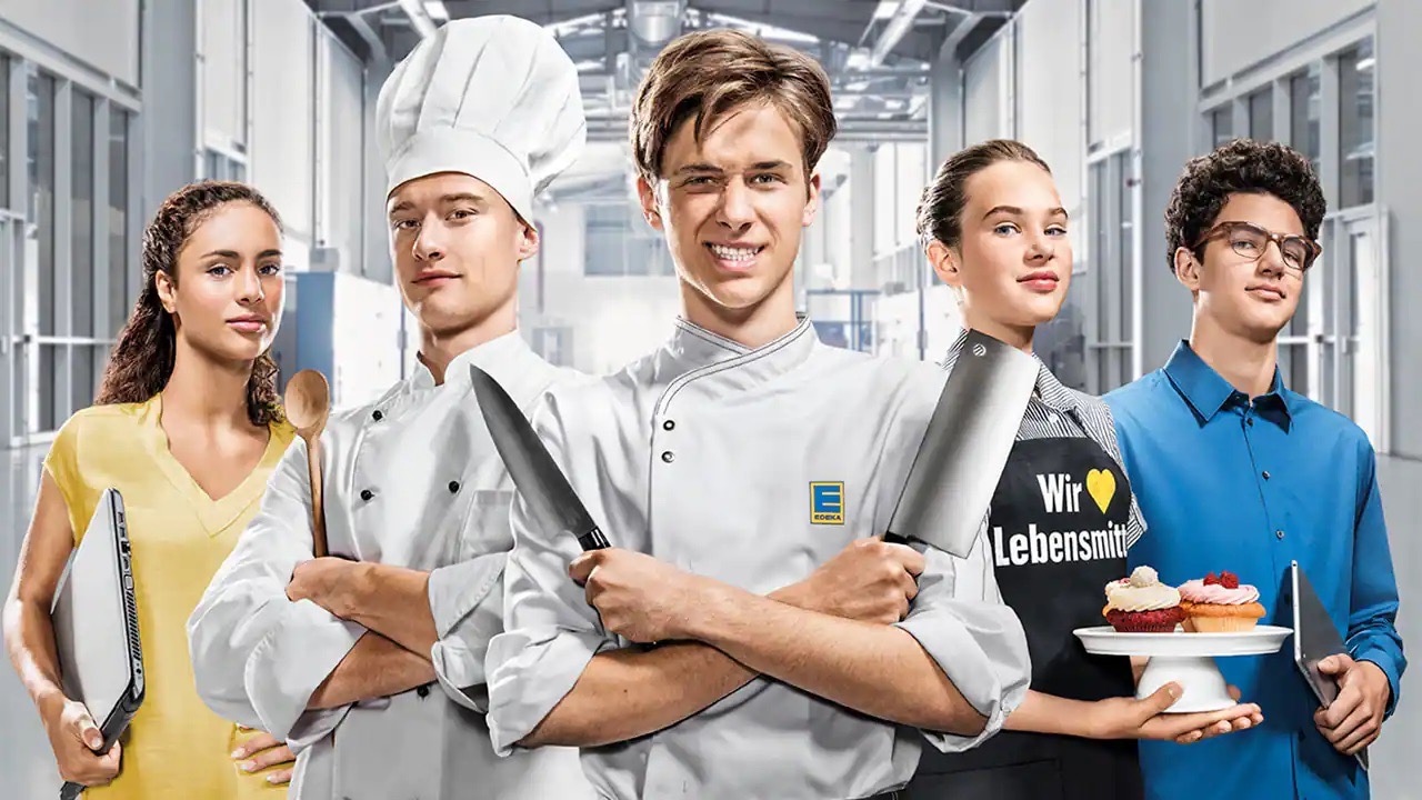 Fünf junge Menschen in Arbeitskleidung verschiedener Abteilungen bei EDEKA.