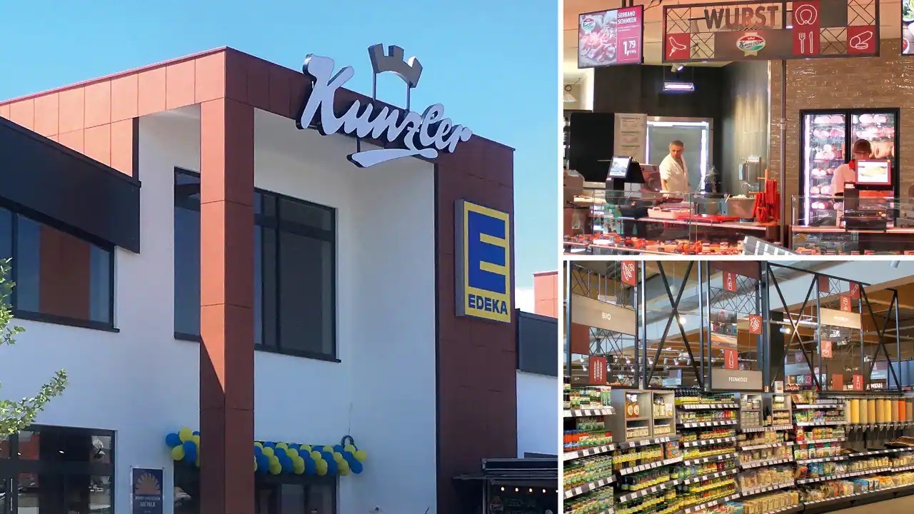 Collage aus drei Bildern: Eingang des EDEKA-Marktes Kunzler von außen, Fleischtheke sowie Feinkostregal.