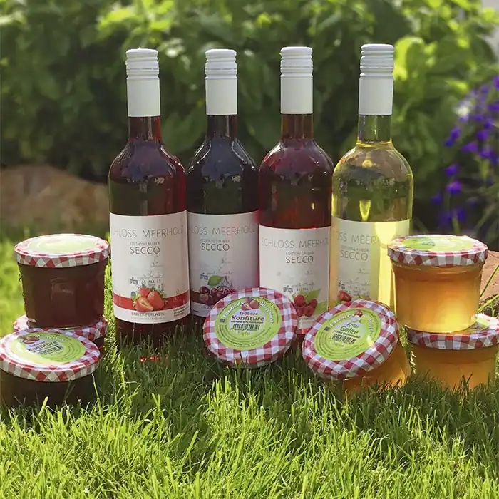 Verschiedene Sorten Sekt und Konfitüre im Sonnenschein auf grünem Gras,