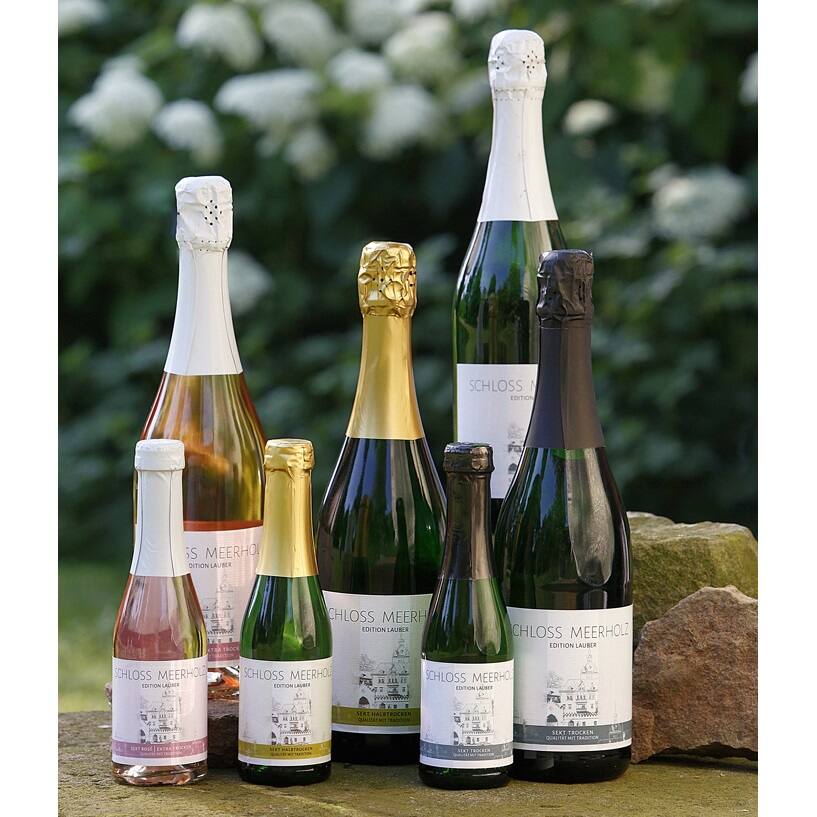 Verschiedene Sektflaschen auf einem Stein.