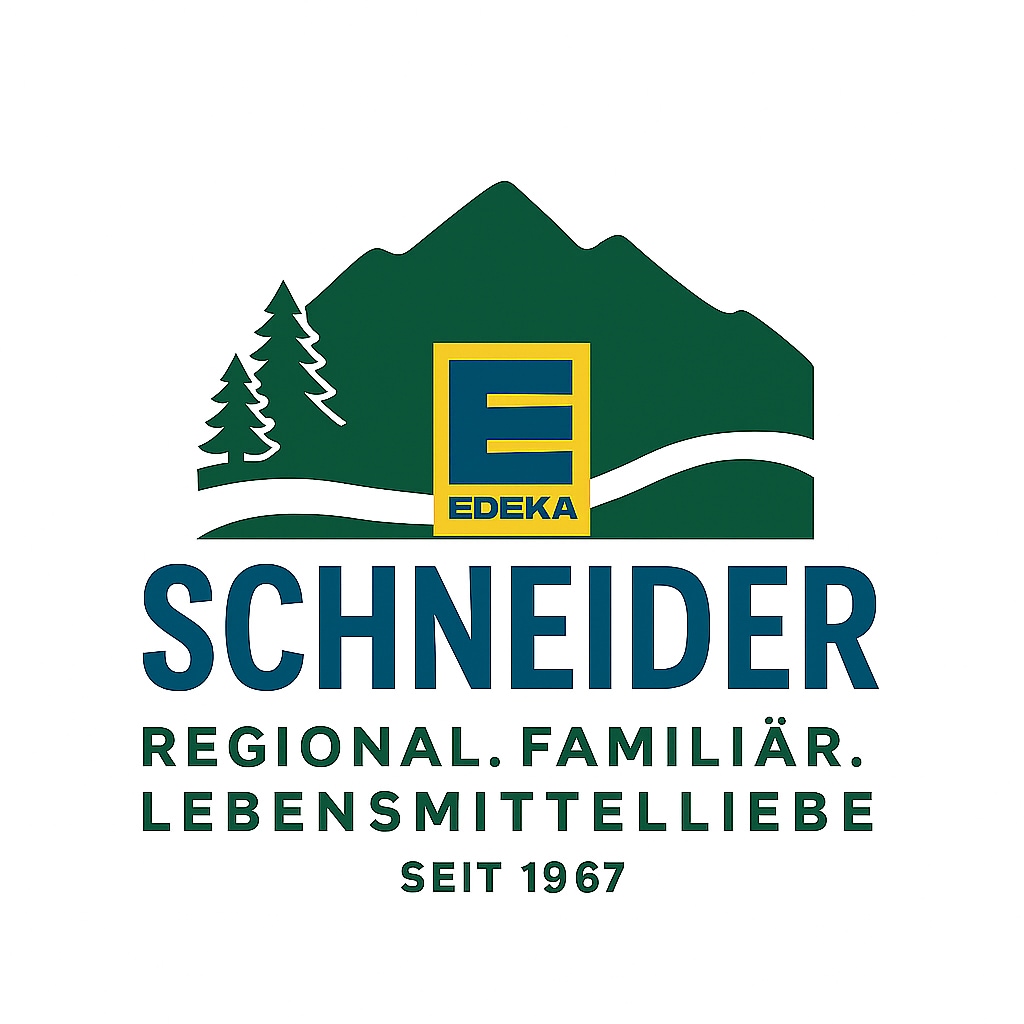 EDEKA Schneider Logo mit Berglandschaft und Slogan „Regional. Familiär. Lebensmittelliebe. Seit 1967“