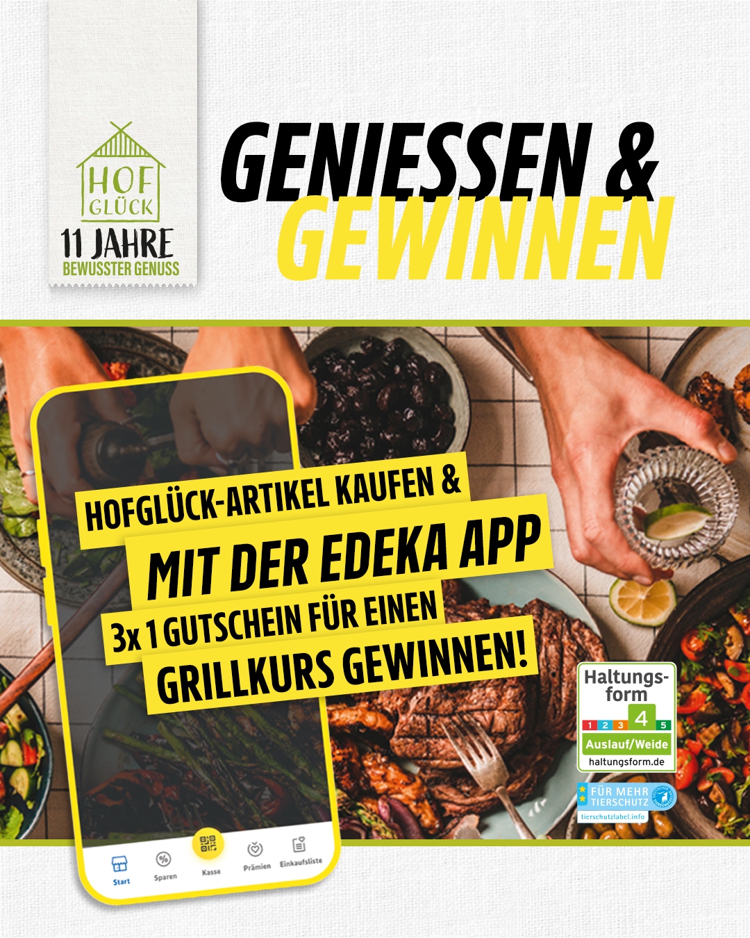 Hofglück-Gewinnspiel: Mit der EDEKA App einen von drei Gutscheinen für einen Grillkurs gewinnen.