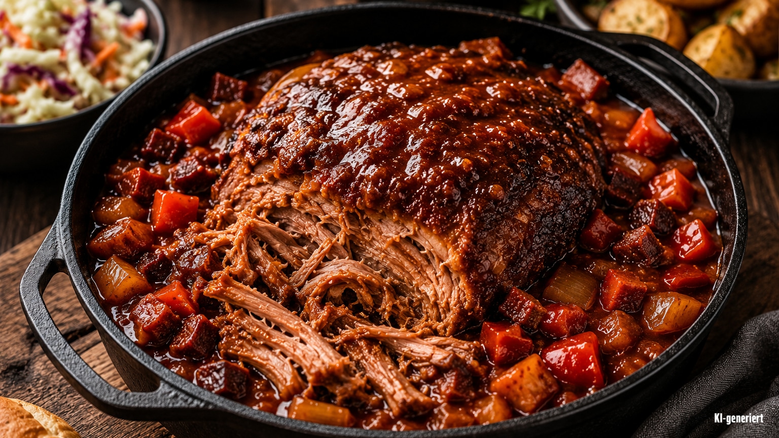 Geschmortes, zartes Fleisch mit Gemüse und kräftiger Soße in einem Dutch Oven.