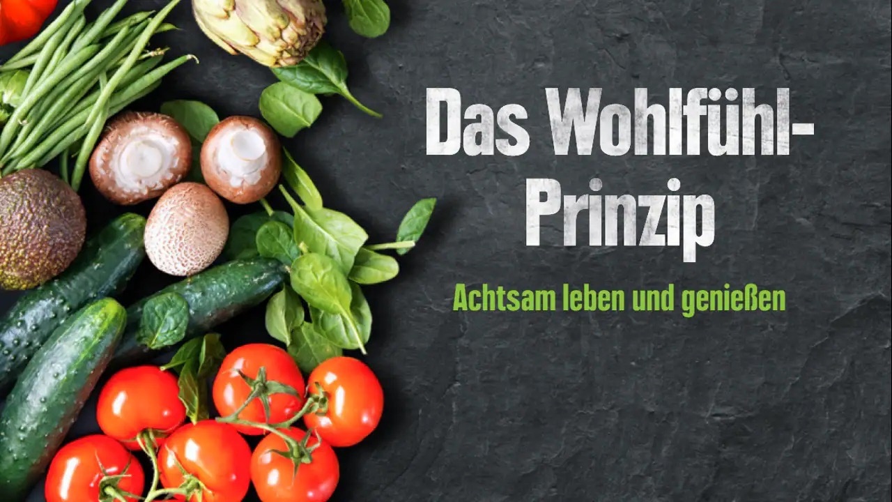 Grafik mit Bohnen, Champignons, Artischocke, Gurken und Tomaten. Text: Das Wohlfühlprinzip. Achtsam leben und genießen.