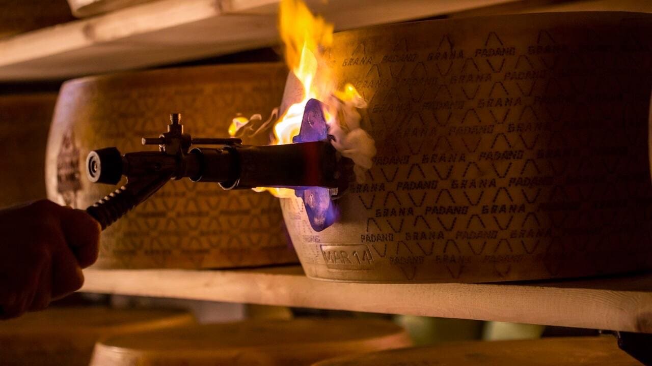 Mit einem Flammenstempel wird das Logo in die Rinde des Käselaibs gebrannt.