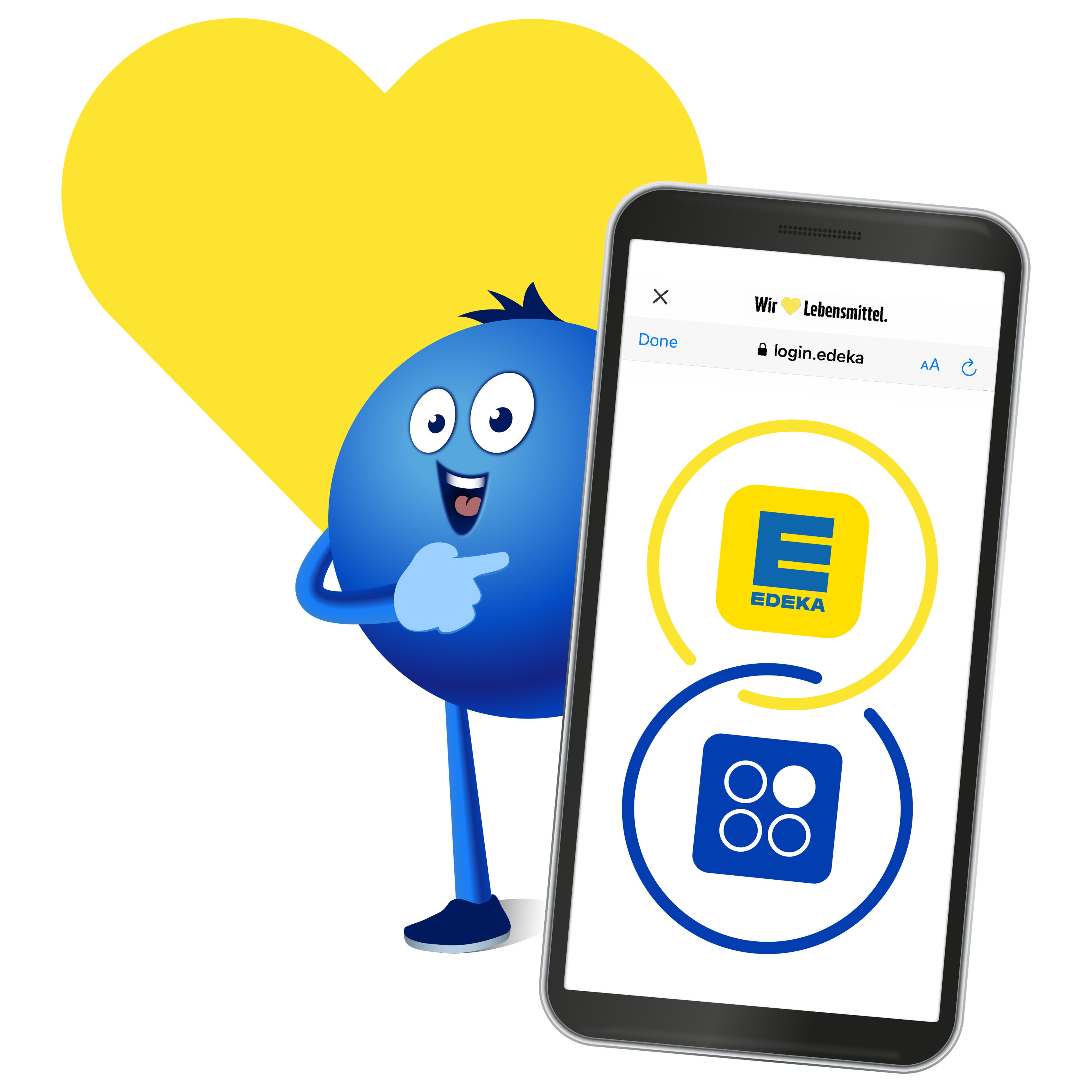 Smartphone mit EDEKA‑App vor gelbem Herz; blaue Comicfigur zeigt darauf, Text „Wir ♥ Lebensmittel.“