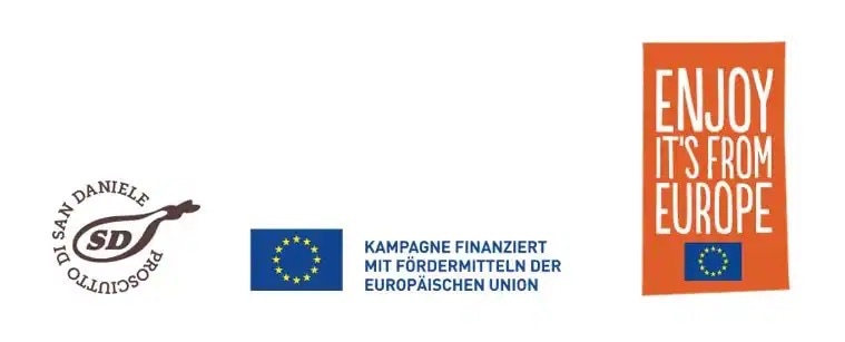 Drei Logos: Prosciutto di San Daniele. Kampagne finanziert mit Fördermitteln der Europäischen Union sowie Enjoy it´s from Europe.