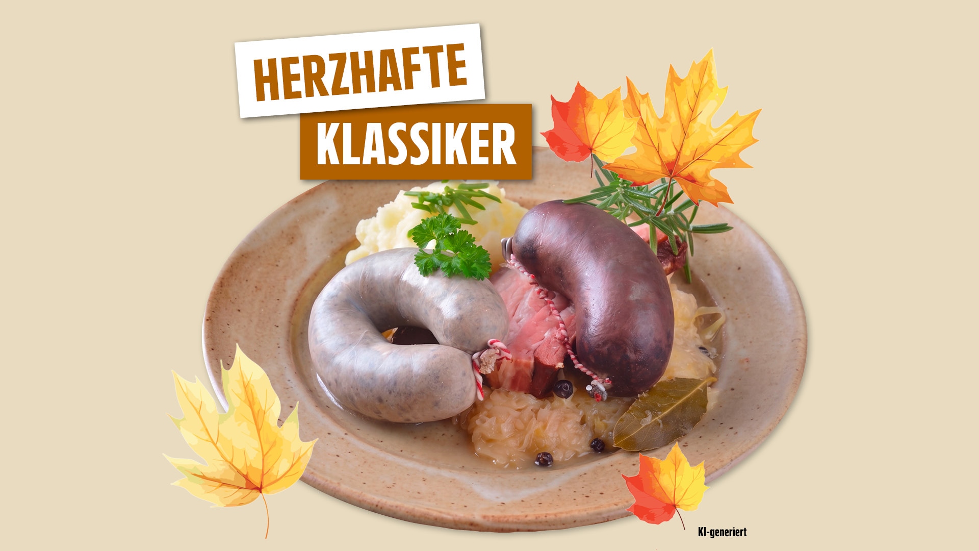 Herbstliches Gericht mit Blut- und Leberwurst, Sauerkraut und Kräutern auf einem Teller.