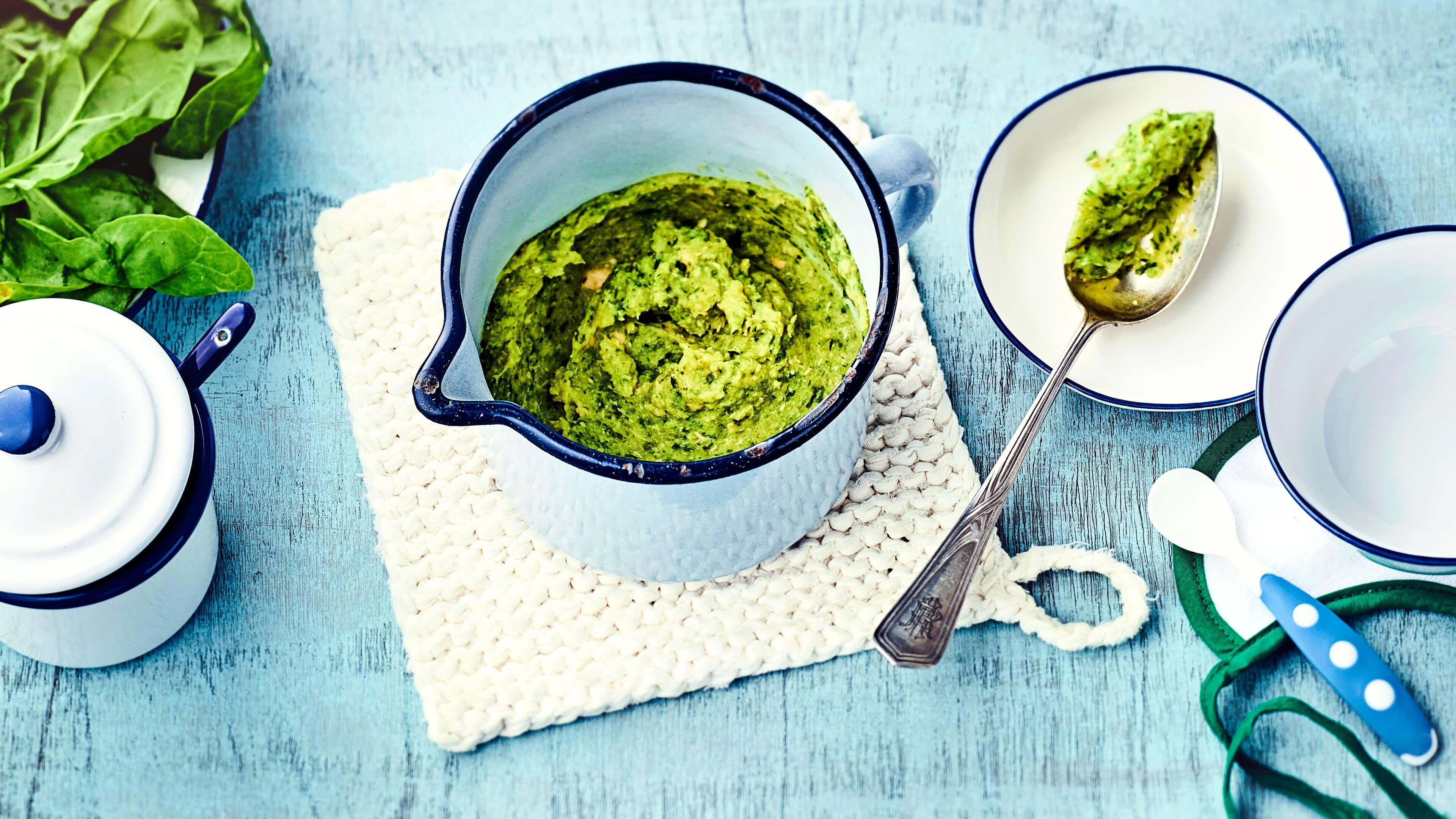 Spinat-Kartoffel-Brei In nur wenigen Minuten ist mit unserem Rezept für Babys eine leckere warme Mahlzeit zubereitet: Kochen Sie unseren Spinat-Kartoffel-Brei mit Lachs!