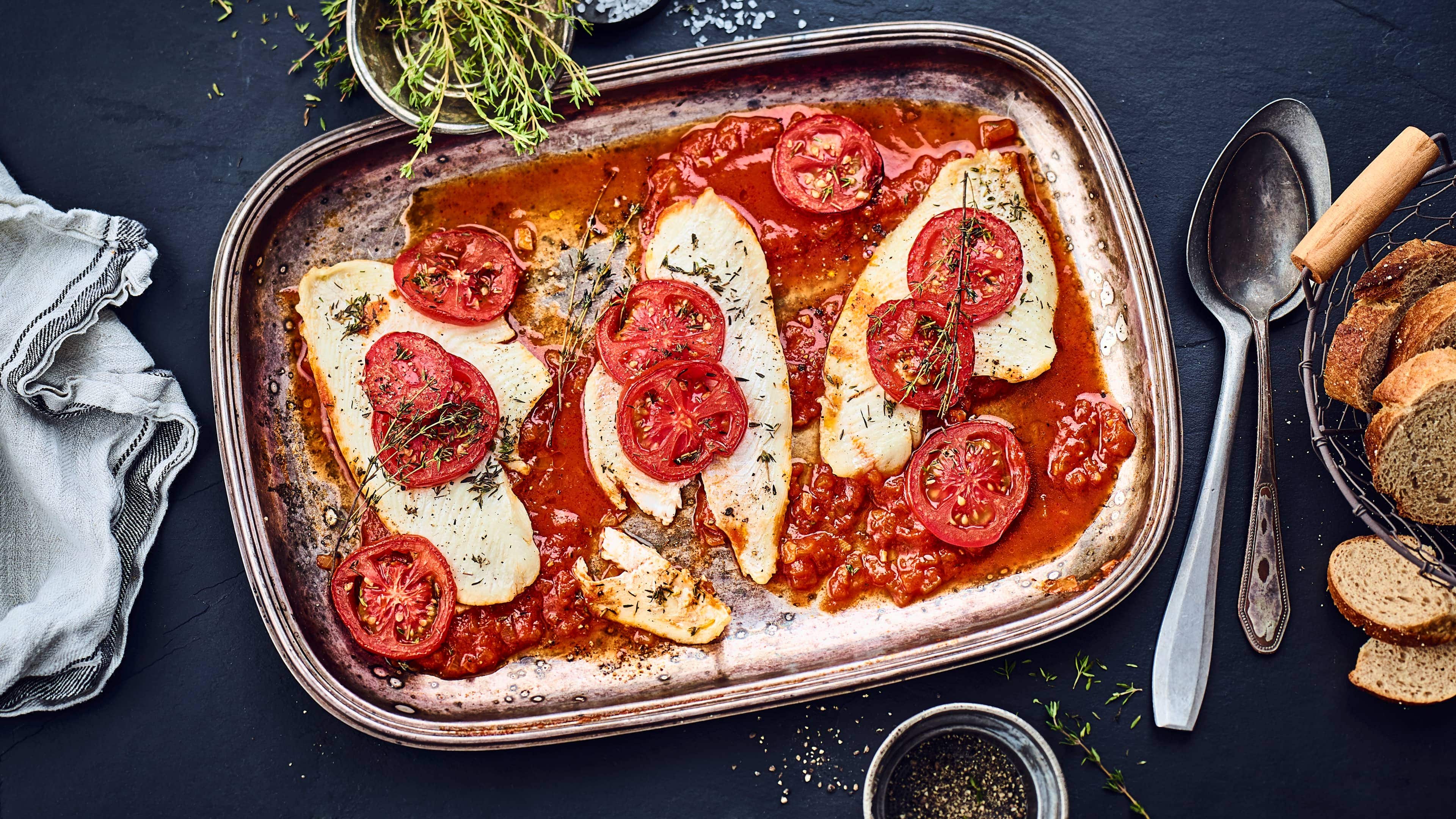 Scholle im Ofen gebacken Für Fischliebhaber: Unser Rezept für Scholle im Ofen gebacken auf Tomaten-Knoblauch-Beet mit einem Schuss Weißwein und Thymian – probieren Sie es aus!