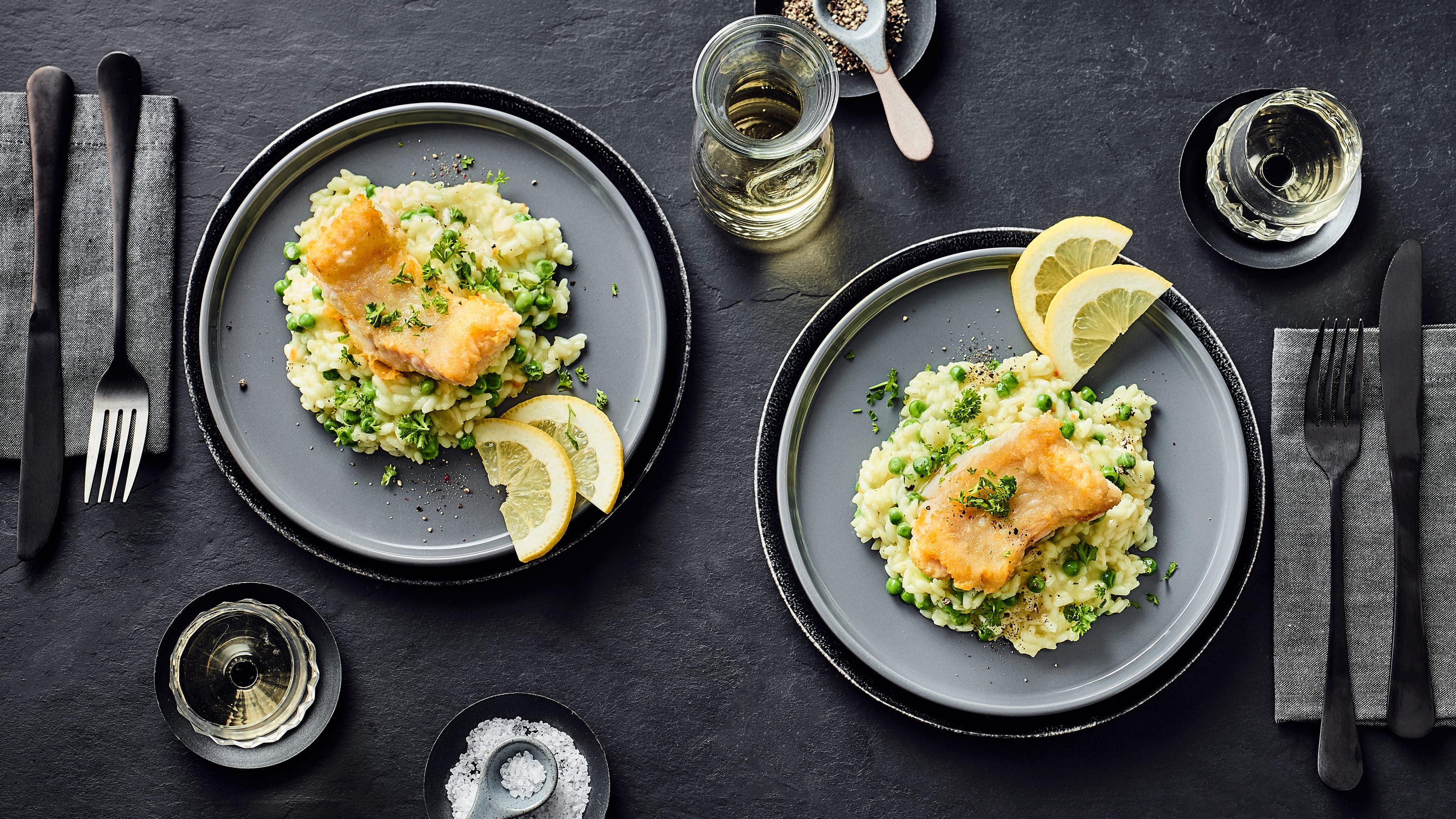 Steinbeißerfilet auf Erbsen-Risotto Steinbeißerfilet auf Erbsen-Risotto