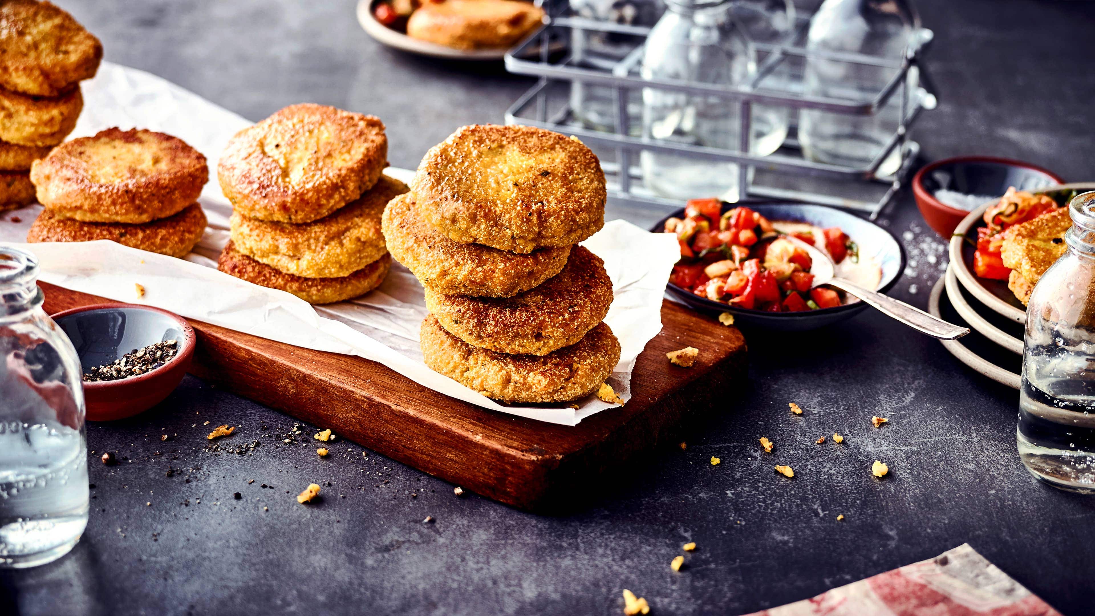 Lupinen-Bratlinge Bratlinge aus veganen Süßlupinen-Schrot mit Karotten, Lauch und Zwiebeln. Dazu reichen wir einen selbstgemachten Tomaten-Dip.