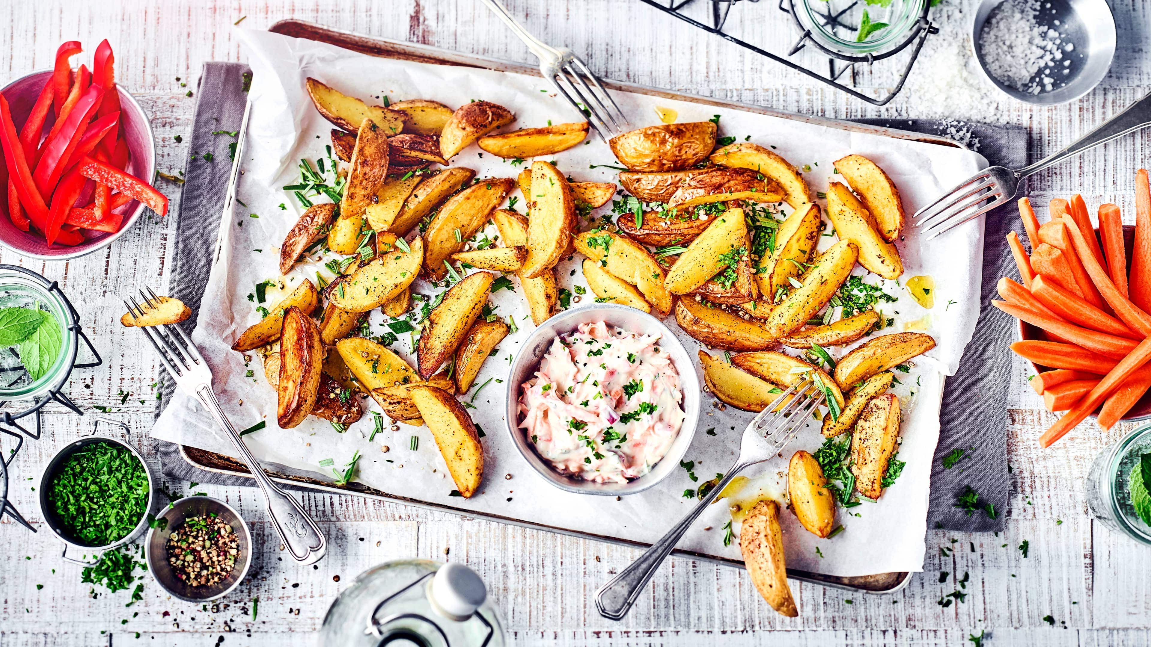 Kartoffelspalten mit Quark Lecker und leicht bekömmlich: Im Ofen gebackene Kartoffelspalten mit pikantem Gemüse-Quark und Rohkost – probieren Sie es beim nächsten Abendessen aus!