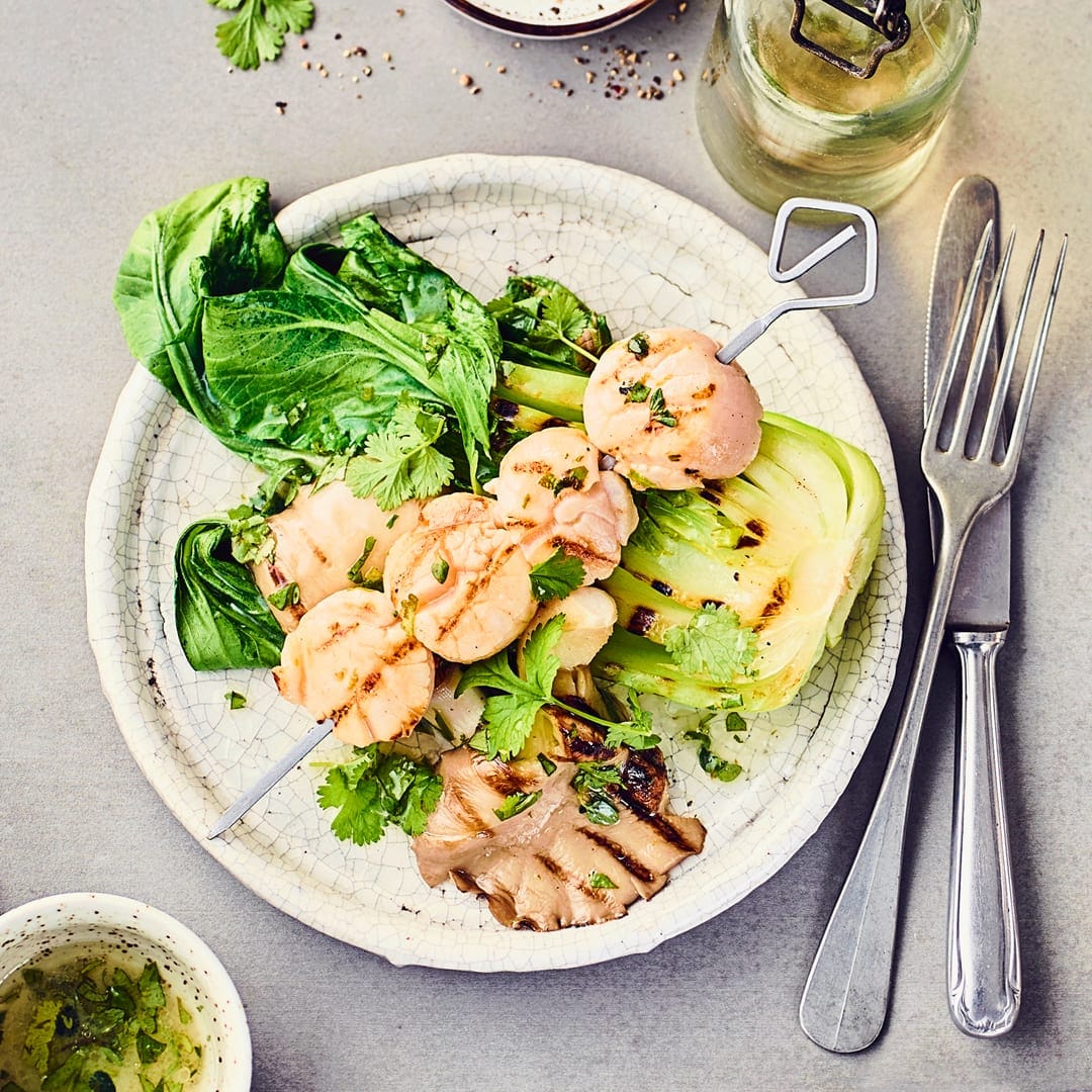 Wenn Sie gerne etwas Abwechslung auf dem Grill möchten, haben wir hier etwas ganz Besonderes für Sie: Gegrillte Jakobsmuscheln mit Pak Choi und Austernpilzen.