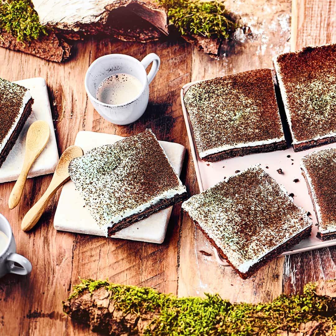 Den Namen hat der Mooskuchen durch den mit gemahlenem Kaffee bestreuten Belag, der dadurch die Farbe von Moos annimmt. Sieht super aus und schmeckt auch richtig lecker!