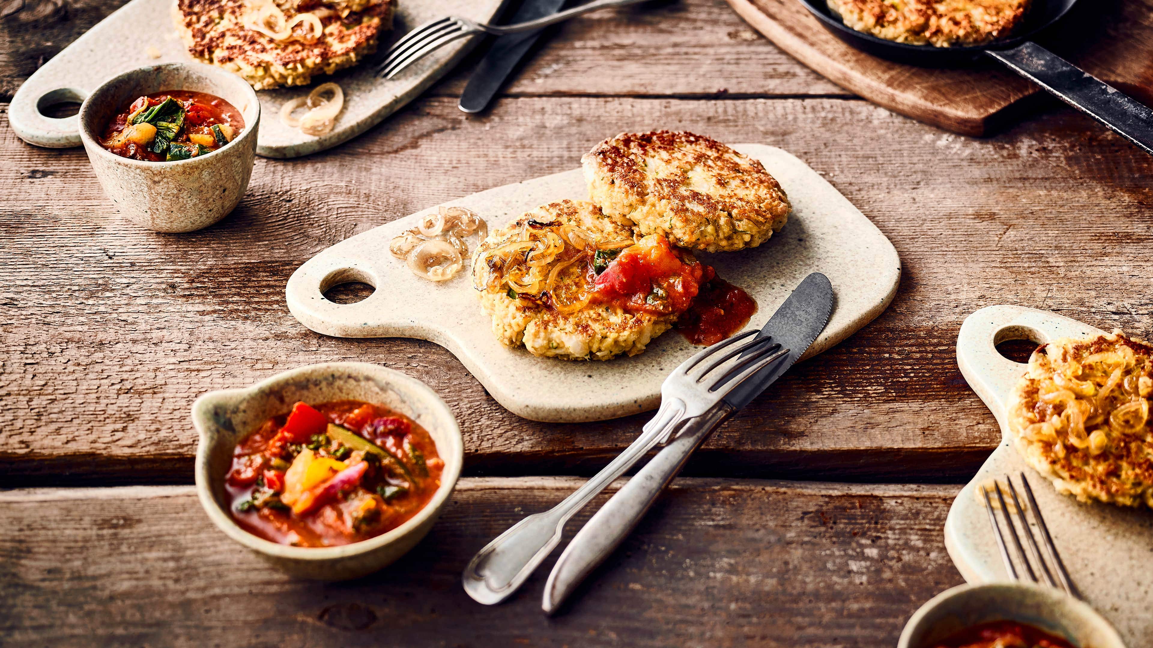 Rettich-Burger Vegetarischer Snack für Burger-Liebhaber: Probieren Sie unsere Bratlinge aus Rettich, Tofu und Ei mit pikanter Gemüse-Tomaten-Soße!