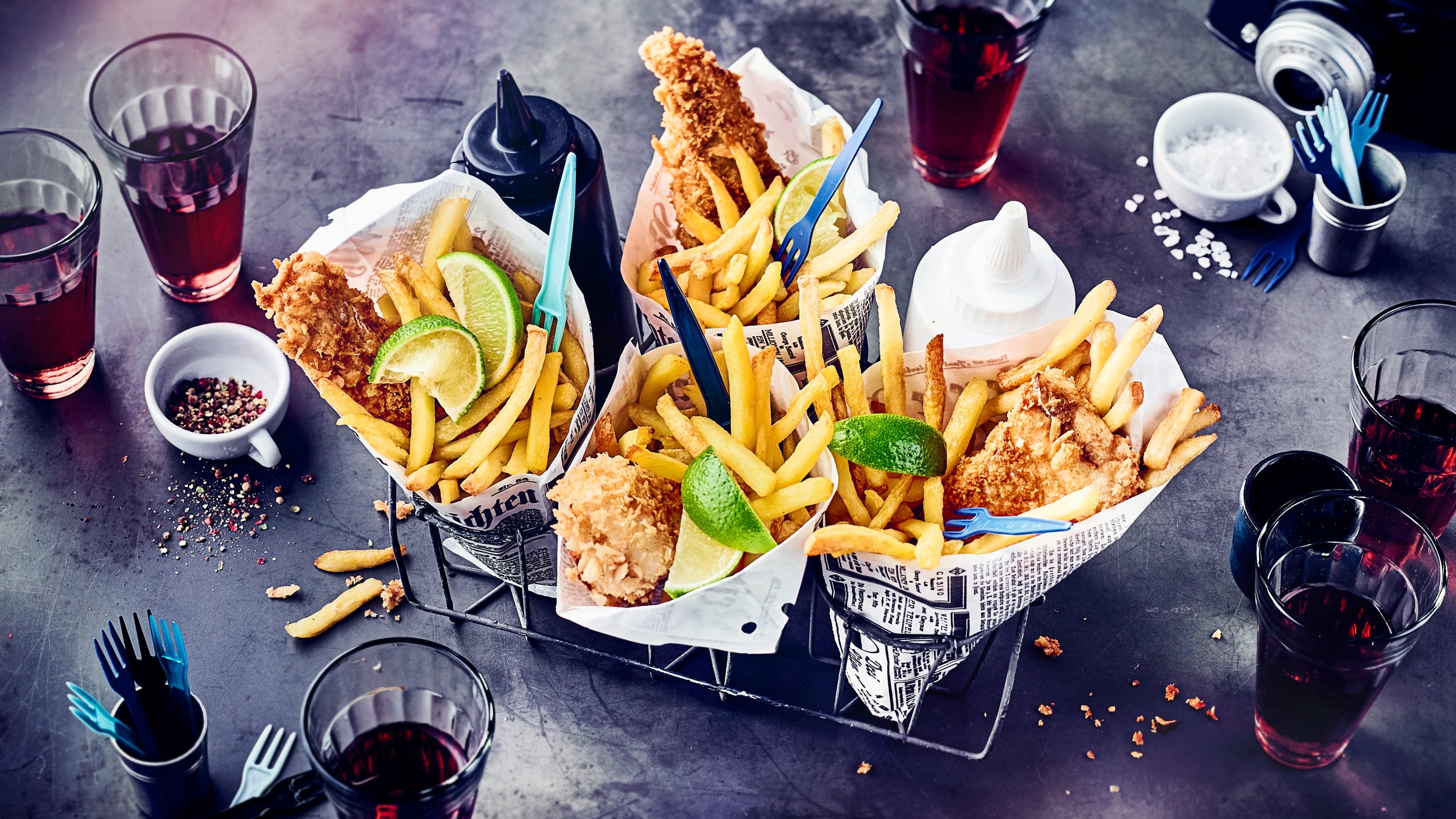 Panierte Hechtfilets Original in Zeitungstüten gewickelt und direkt genießen: Die panierten Hechtfilets werden mit Pommes-Frites zum Fish & Chips-Klassiker und erfreuen Groß und Klein!