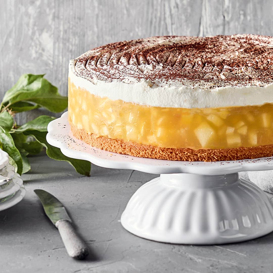Eine weiße Tortenplatte mit einem Kuchen aus einem Boden, einer Mittelschicht und einer cremigen Schicht, getoppt mit Kakao