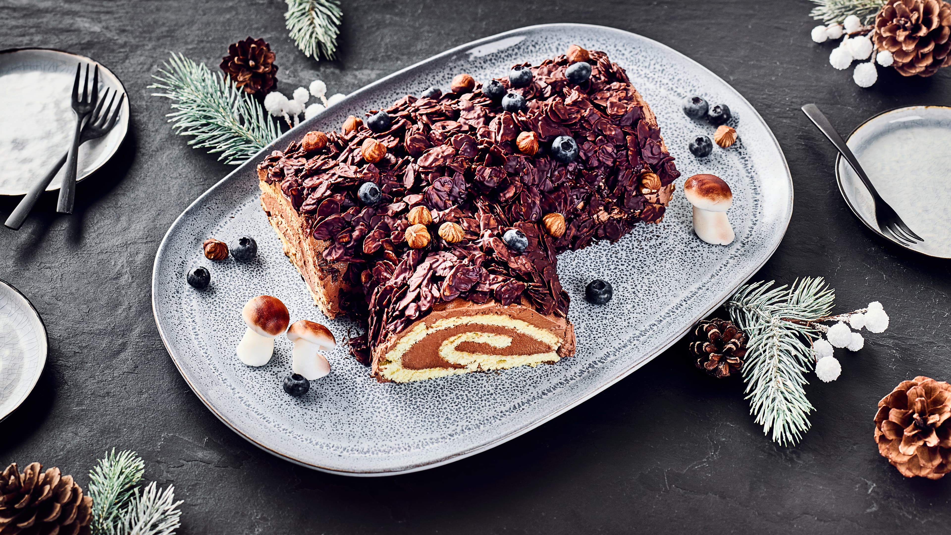 Baumstammkuchen Der Name sagt es aus: Unser Kuchen sieht aus wie ein Baumstamm, schmeckt aber zart schmelzend nach Schokoladen-Buttercreme und Biskuitteig. Der Kuchen kommt aus Frankreich und ist dort als Bûche de Noël bekannt.