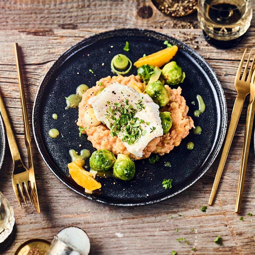 Fischfilet mit Rosenkohl und Kartoffelbrei