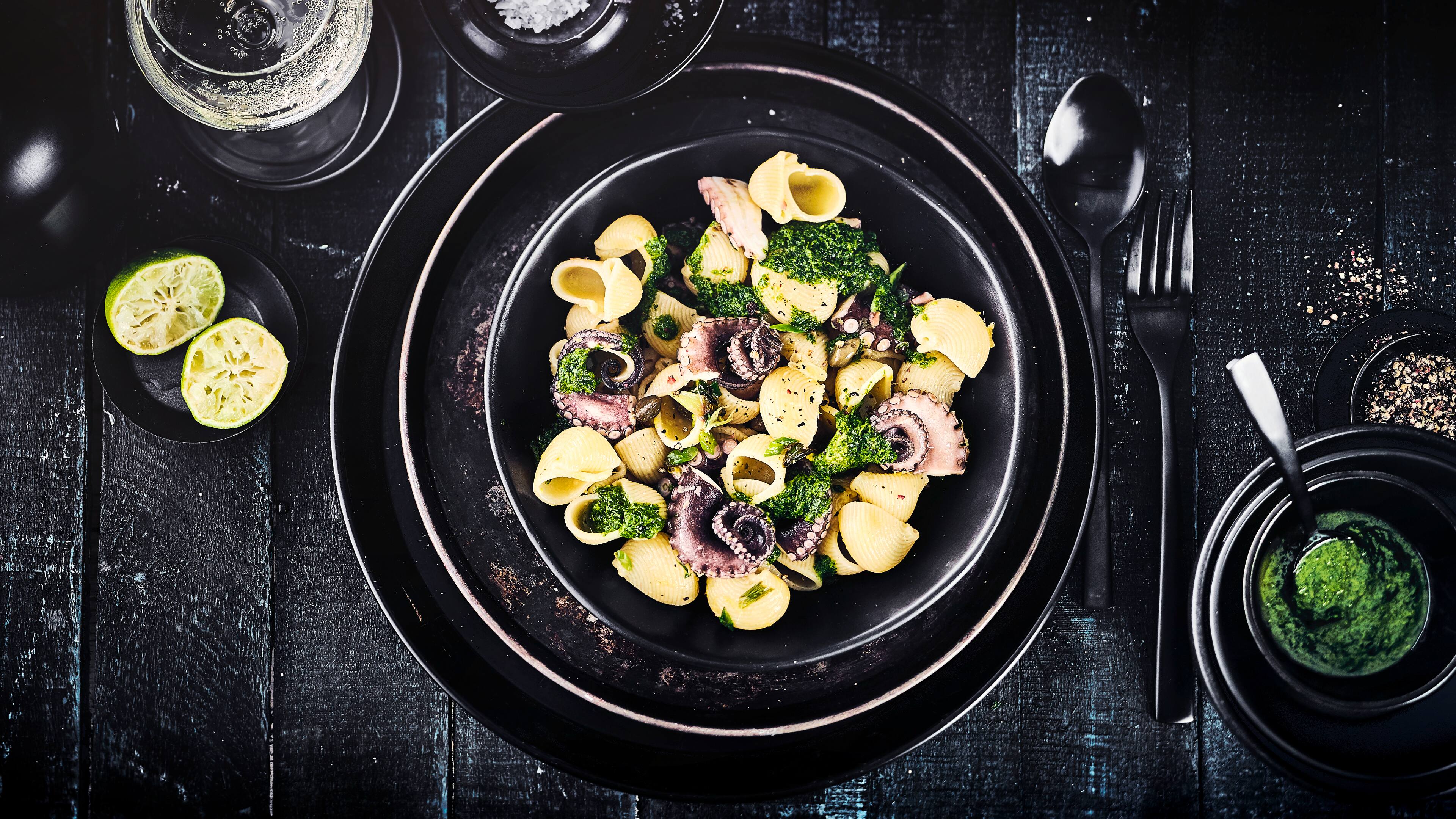 Tintenfisch mit Pasta Frisch angebratener Octopus mit Pasta und Petersilien-Limetten-Pesto – lässt gleich ein Urlaub-am-Meer-Gefühl aufkommen. Unser Tintenfisch mit Pasta ist ein schöne Kombination aus frischem Octopus, Pipe Rigate und frischem Petersilien-Pesto.