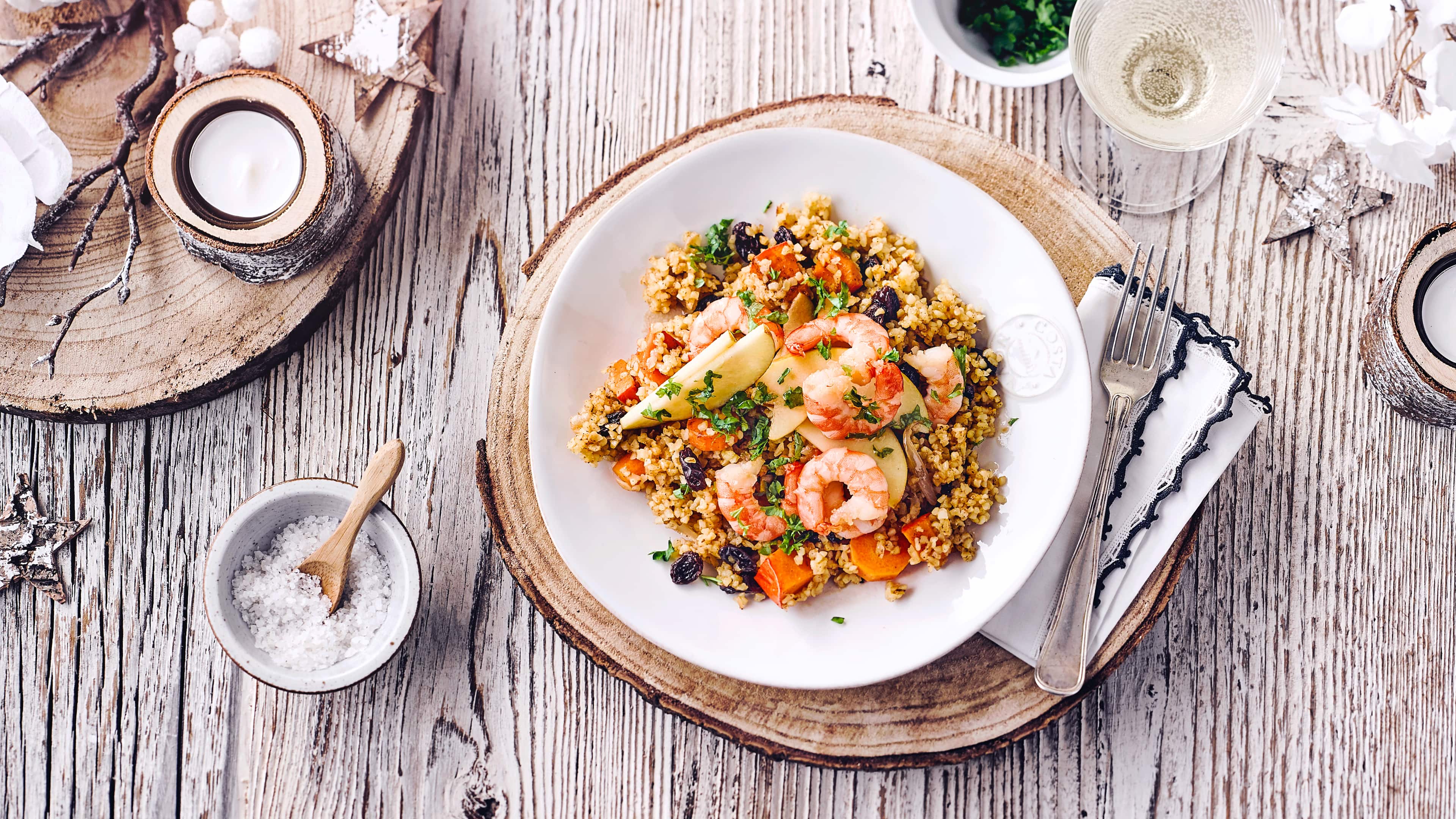 Zimt-Bulgur mit Garnelen Zimt-Bulgur mit Garnelen