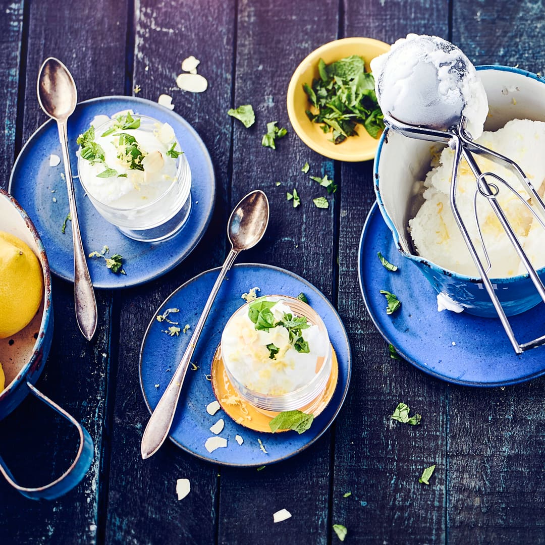 Erfrischend und genau das richtige für heiße Sommertage. Ganz einfach zum Selbermachen ist unser Rezept für Zitronen-Sorbet garaniert mit Minze und Basilikum.
