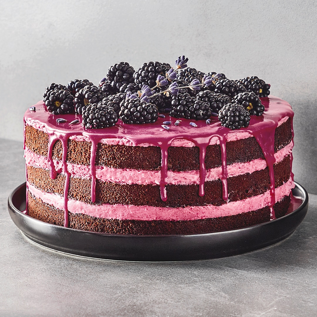 Schichttorte aus abwechselnden Schokoladenböden und Brombeercreme, verziert mit violetter Brombeersauce und zahlreichen Brombeeren.