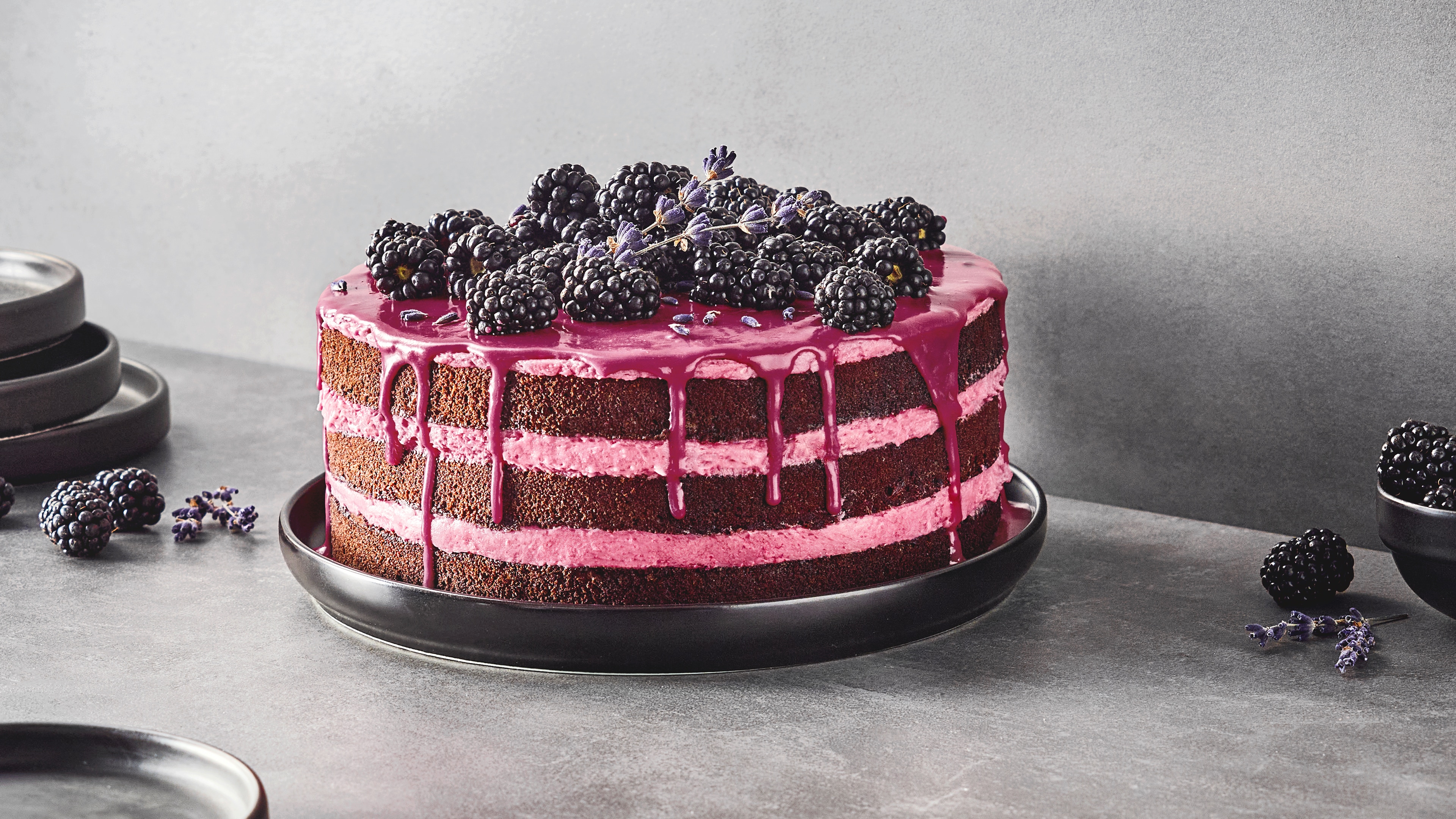 Schichttorte aus abwechselnden Schokoladenböden und Brombeercreme, verziert mit violetter Brombeersauce und zahlreichen Brombeeren. Daneben liegen gestapelte Tortenformen und weitere Brombeeren.