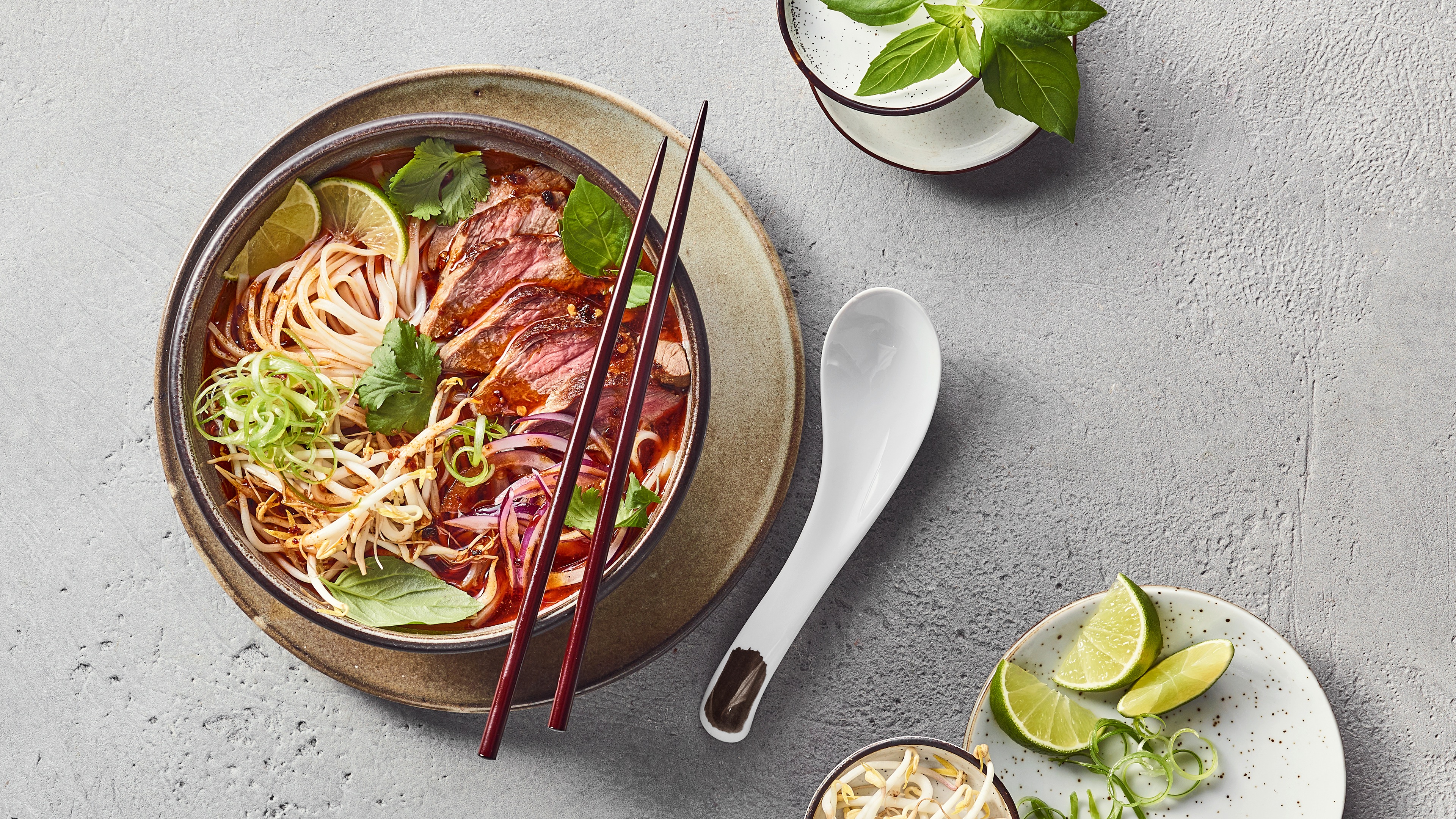 Eine Schüssel mit Nudeln, roten Fleischscheiben, roten Zwiebelstreifen, grünem Lauch, Kräutern in roter Brühe.