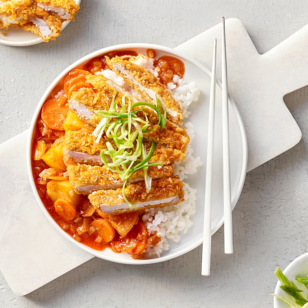 Ein Teller mit weißem Reis, darauf knusprig paniertes Fleisch in Streifen, serviert mit Gemüse in brauner Sauce und grünen Lauchstreifen