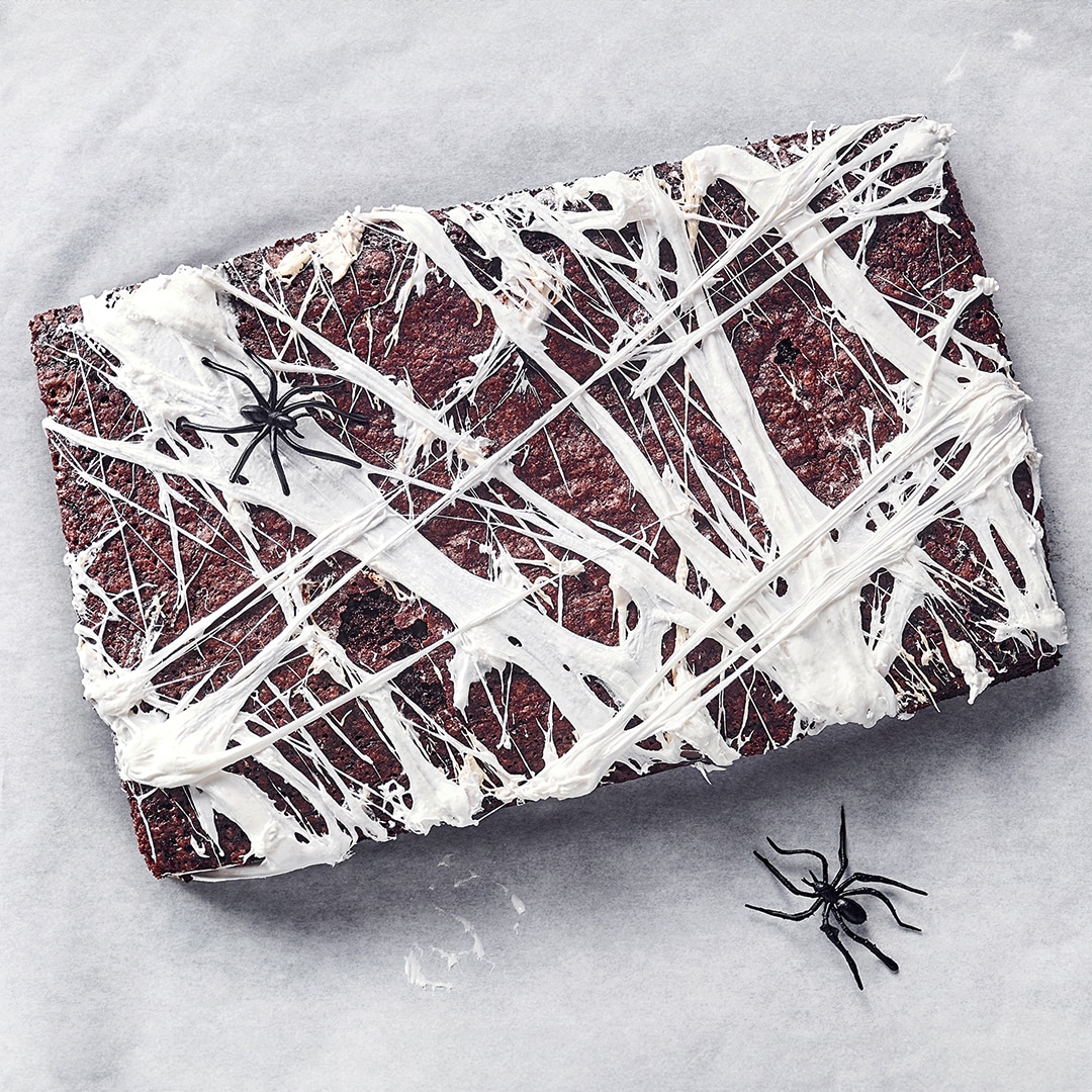 Schokoladenkuchen mit weißem Spinnennetz-Dekor und einer Plastikspinne auf grauem Tisch angerichtet.