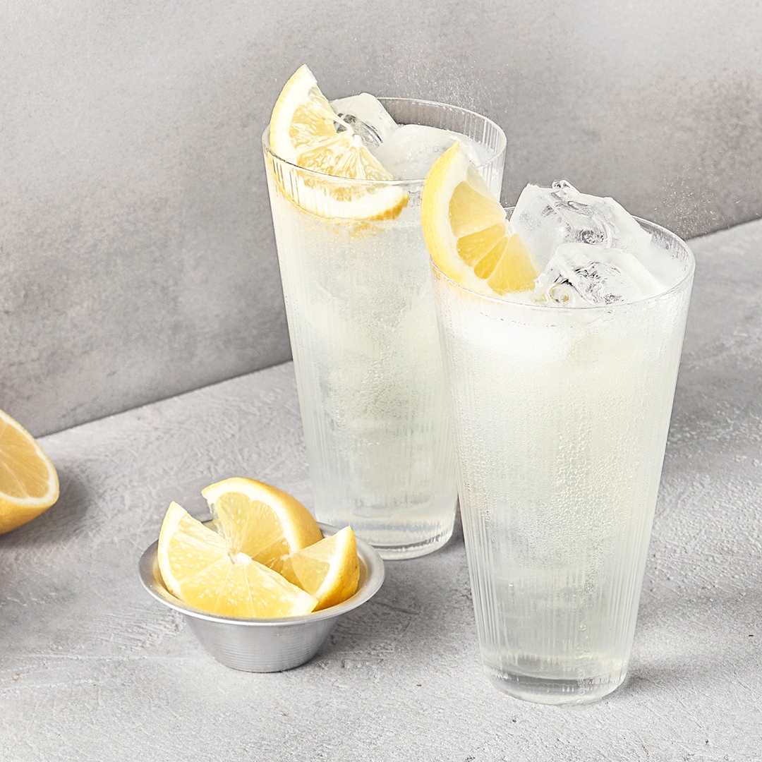 Zwei Gläser, gefüllt mit klarer Flüssigkeit, Eiswürfeln und gelben Zitronenspalten sowie einer Schale mit weiteren Zitronenstücken.