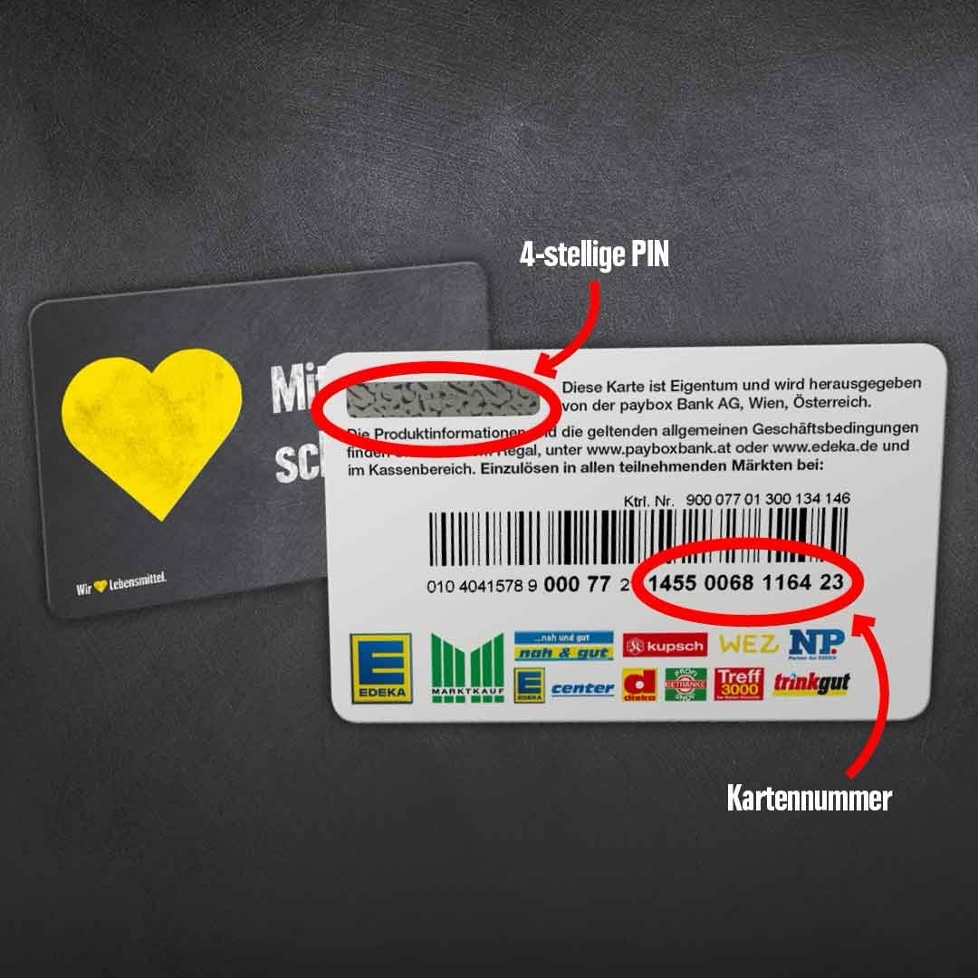 Rückseite der EDEKA Gutscheinkarte mit Rubbelfeld, hinter dem sich die 4-stellige PIN befindet. Rot eingekreiste 14-stellige Kartennummer.