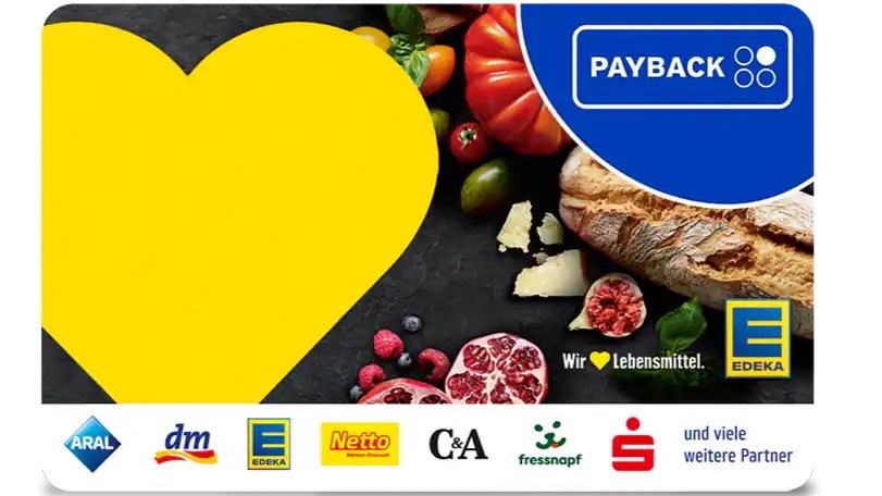 Vorderseite der Payback-Karte mit gelbem Herz und Logos von ARAL, dm, EDEKA, Netto, C&A, fressnapf, Sparkasse.