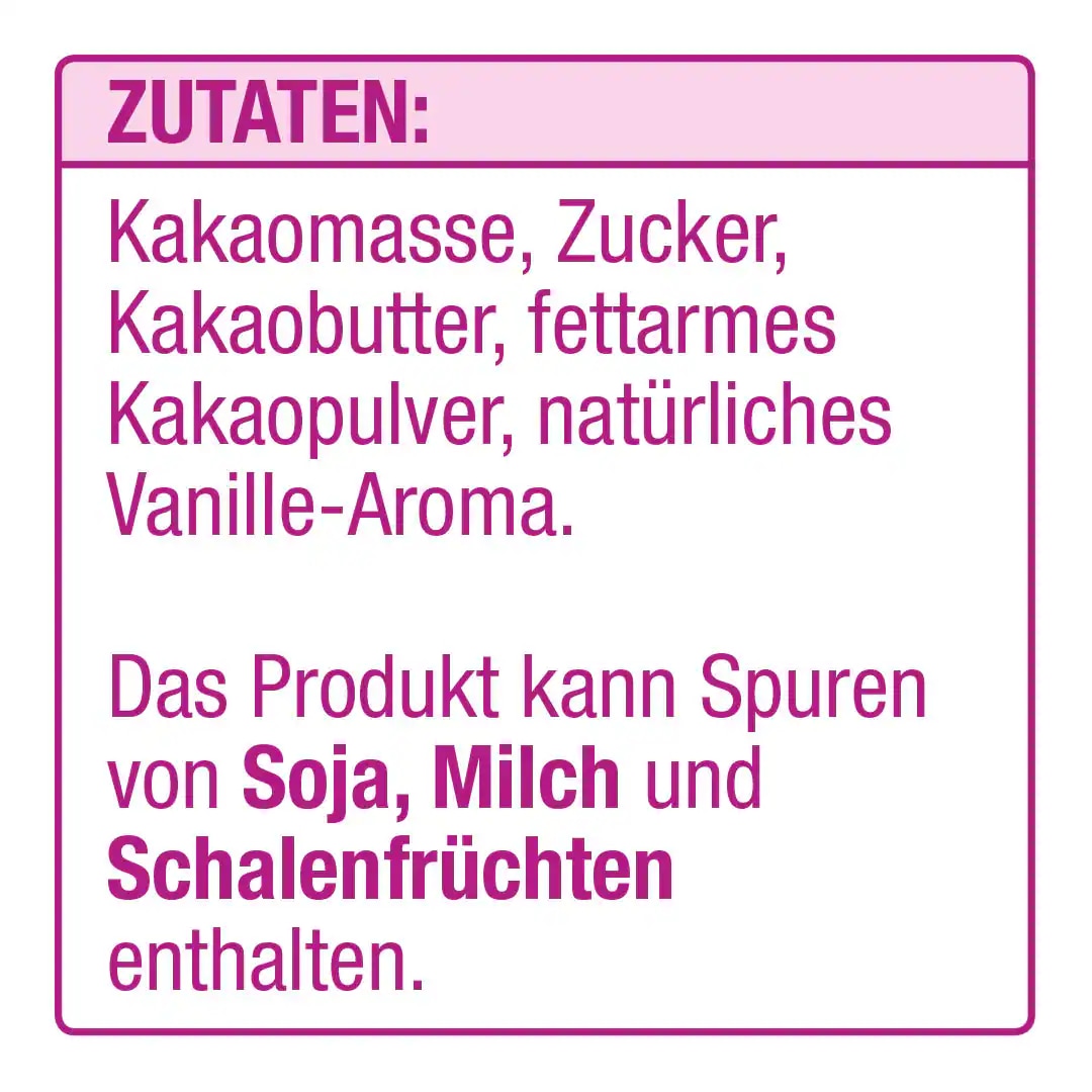 Beispiel einer Produktrückseite: Zutaten: Kakaomasse, Zucker, Kakaobutter, fettarmes Kakaopulver, natürliches Vanille-Aroma. Das Produkt kann Spuren von Soja, Milch und Schalenfrüchten enthalten.