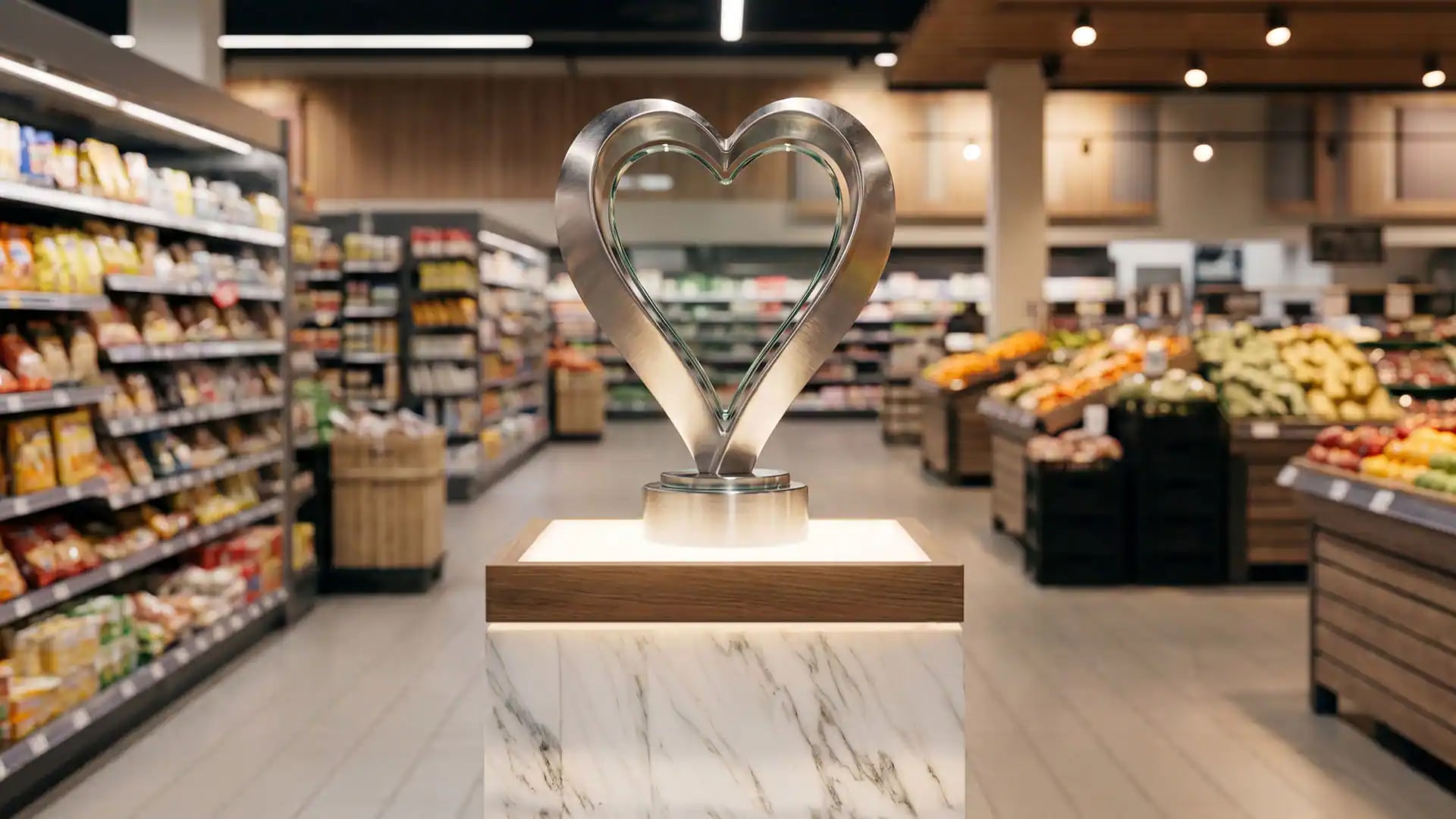 Eine silberne Siegestrophäe in Form eines Herzens steht auf einer Marmor-Säule inmitten eines Supermarktes.