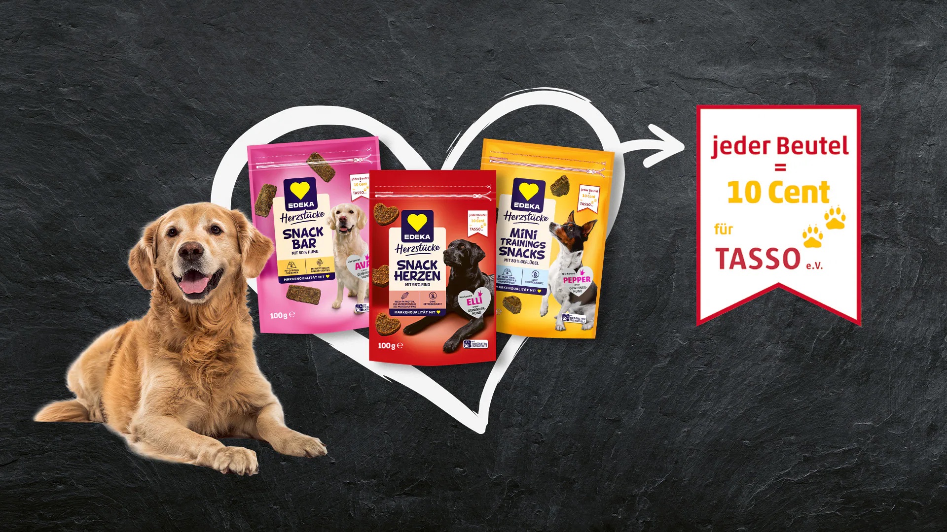 Hund der Rasse Golden Retriever neben verschiedenen EDEKA Herzstücke Hundesnacks mit Hinweis: Jeder Beutel spendet 10 Cent an TASSO e.V.