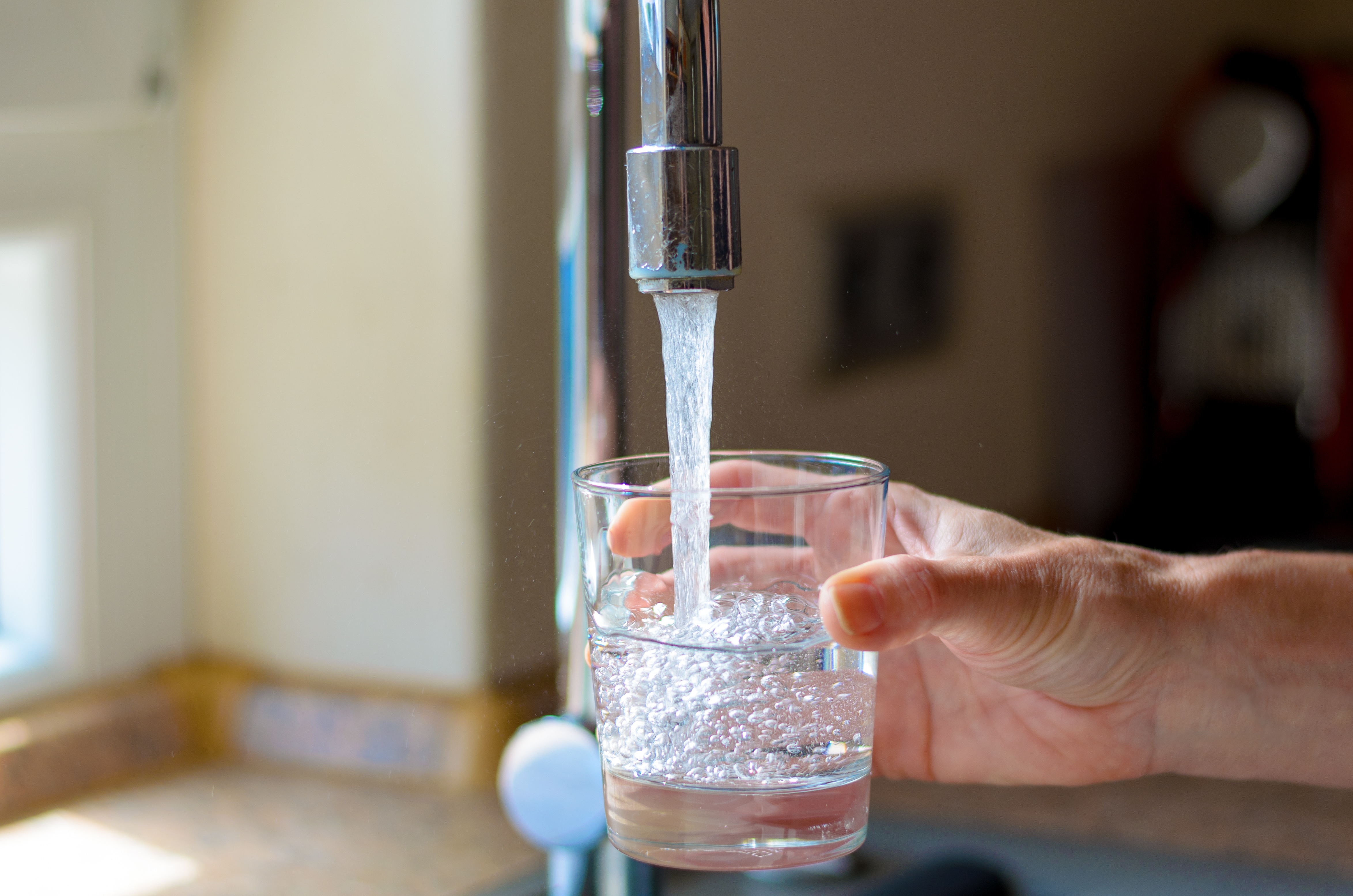 Ein Glas Wasser wird unter einem Wasserhahn aufgefüllt.