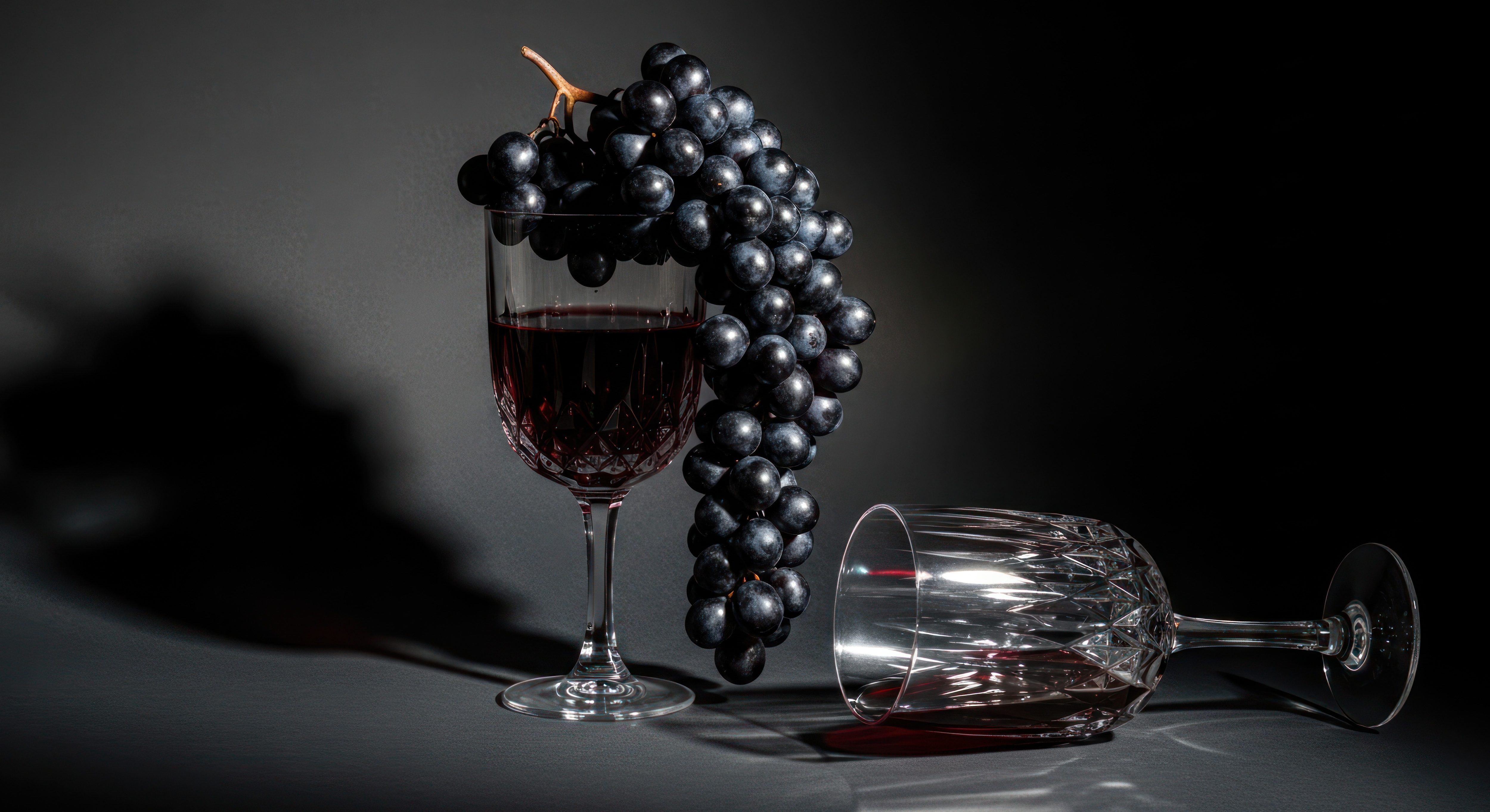 Trauben neben zwei Kristallgläsern mit Rotwein auf dunklem Hintergrund.